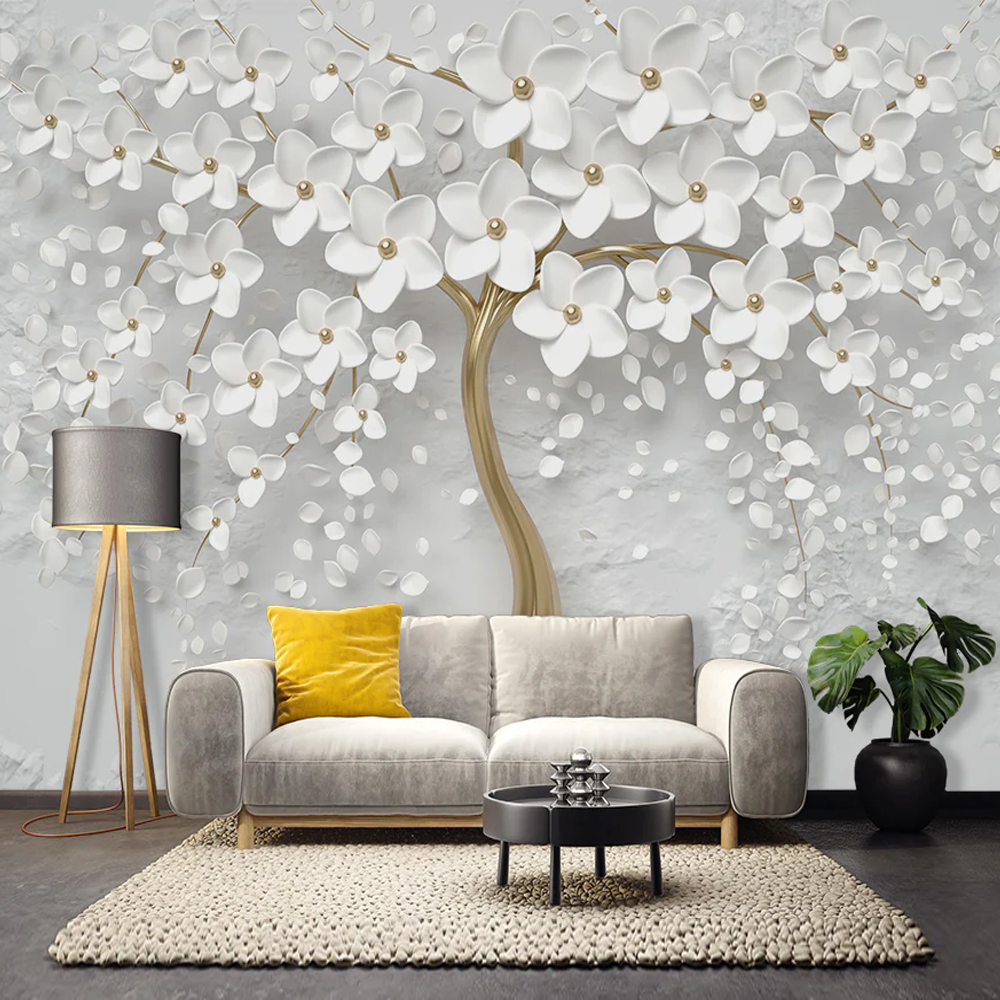 3d Golden tree and white flowers wallpaper | Living room wallpaper for walls
