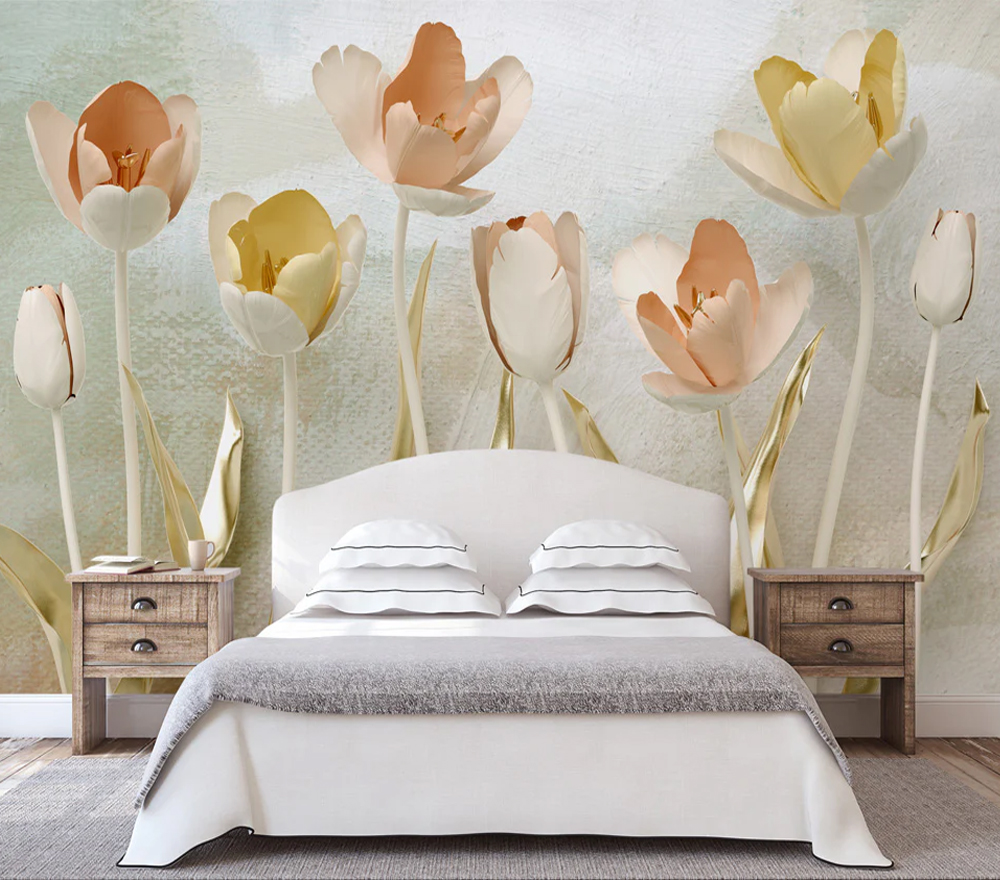 3D Golden Colourful Tulip Flowers for Bedroom Walls