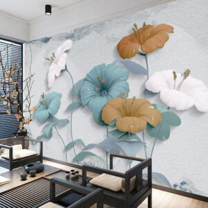 Custom 3D Wallpaper Blue, White and Light Orange Flower Wallpaper for Walls