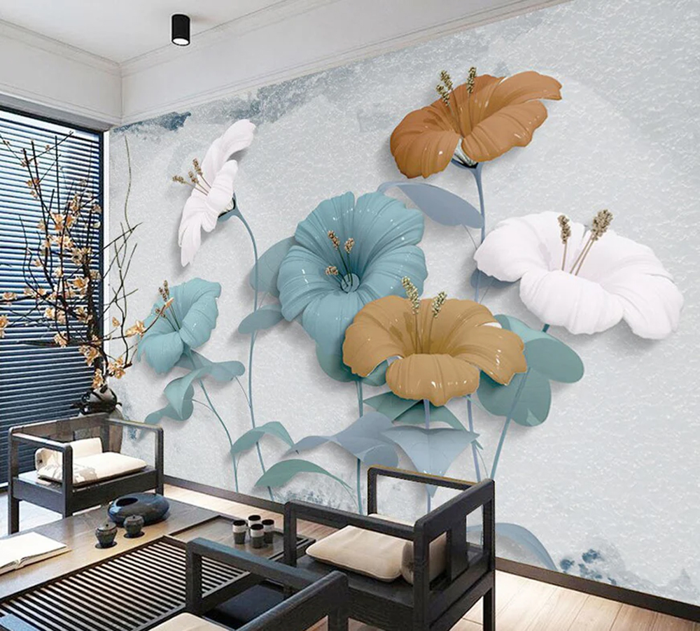 Custom 3D Wallpaper Blue, White and Light Orange Flower Wallpaper for Walls