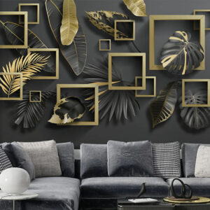 3D Black Leaf And Golden Square Wallpaper