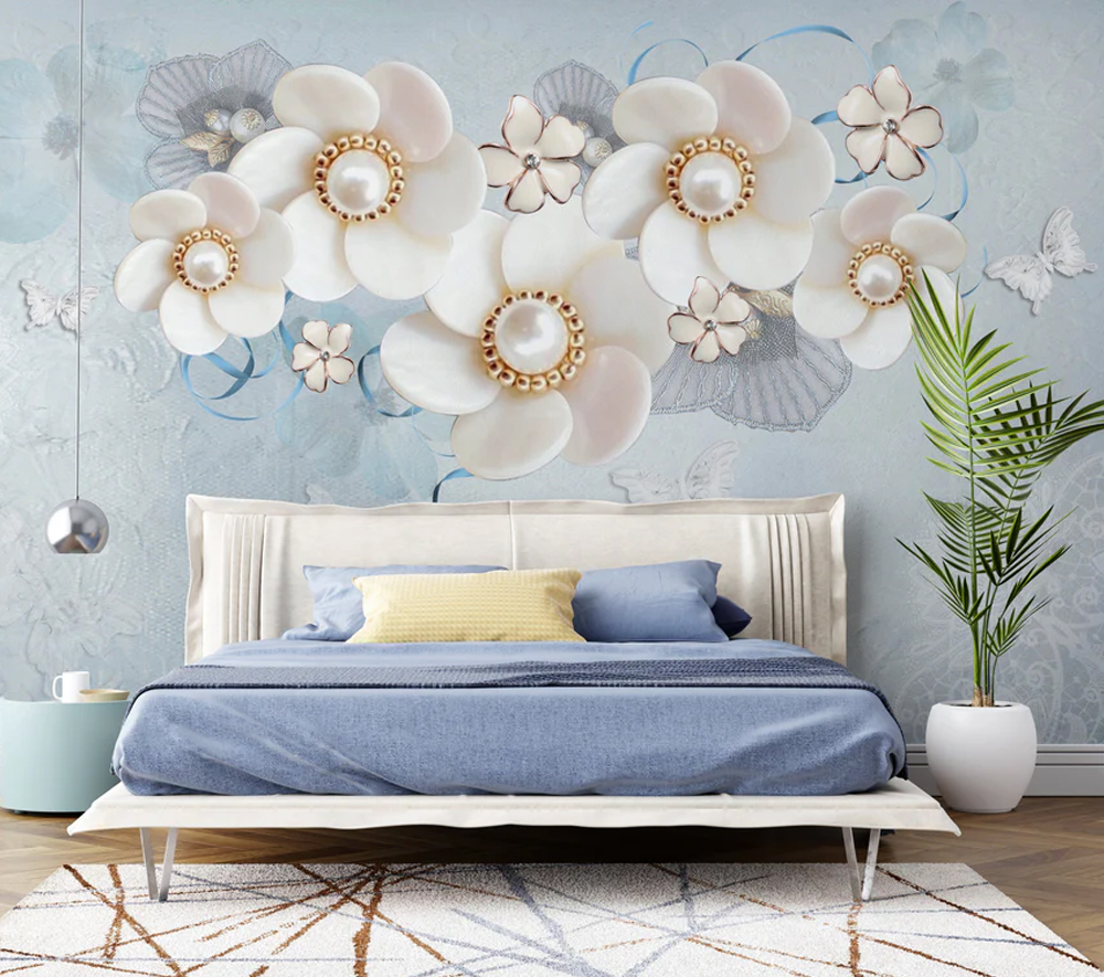 Sky Blue Jewelry Flowers 3D Wallpaper
