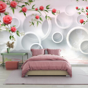 Rose Flowers On 3D White Circle Wallpaper