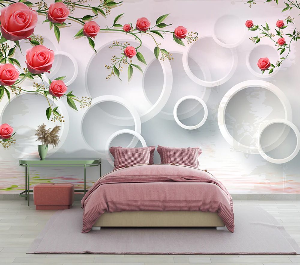 Rose Flowers On 3D White Circle Wallpaper