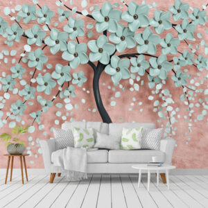 Mint Green Flowers Tree 3d Wallpaper Mural