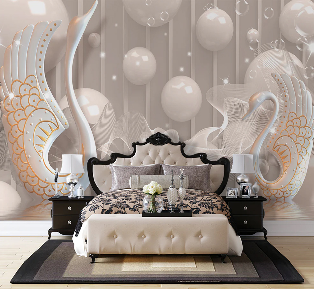 Swans Purple Flowers Pearls 3D Wallpaper