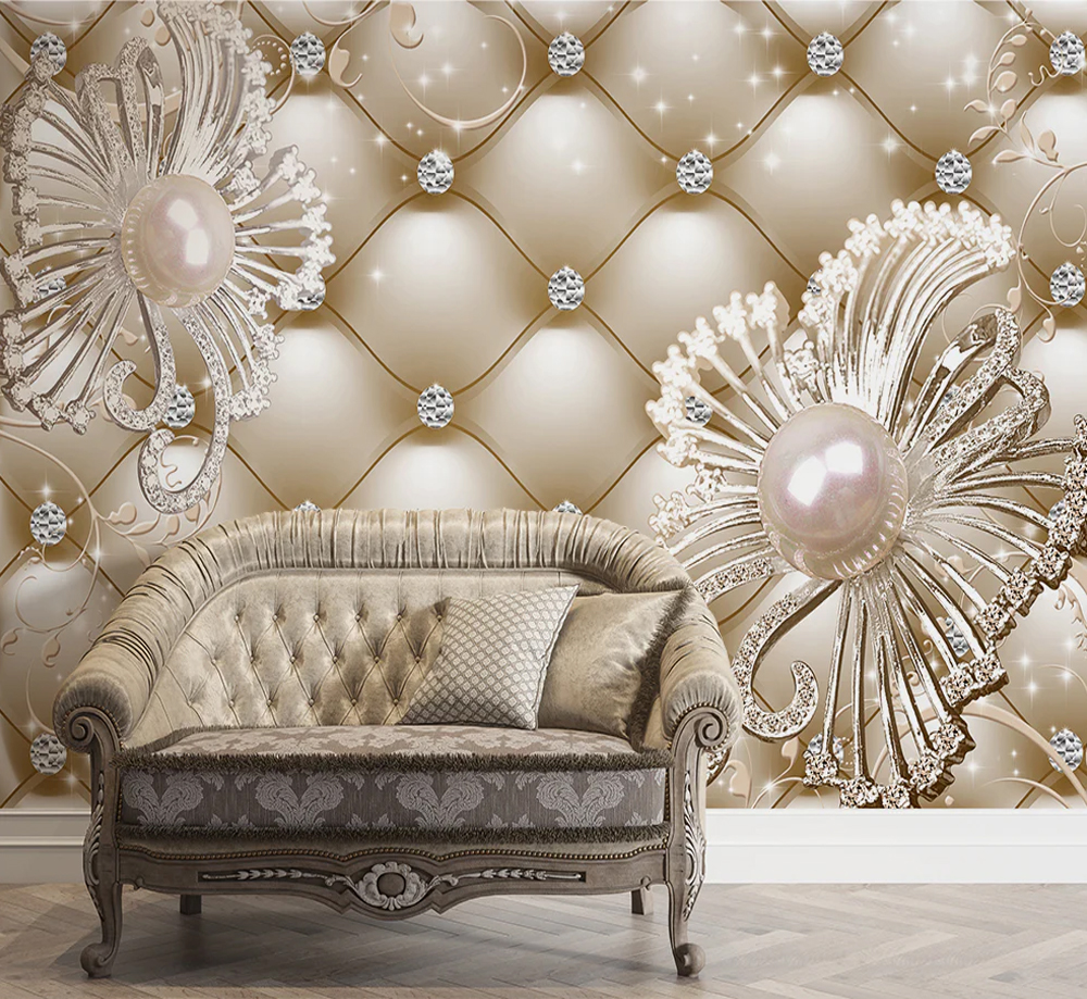 European Style 3D Diamond Flower Jewelry Murals Living Room Wallpaper