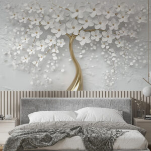 3D Golden Tree And White Flowers Wallpaper