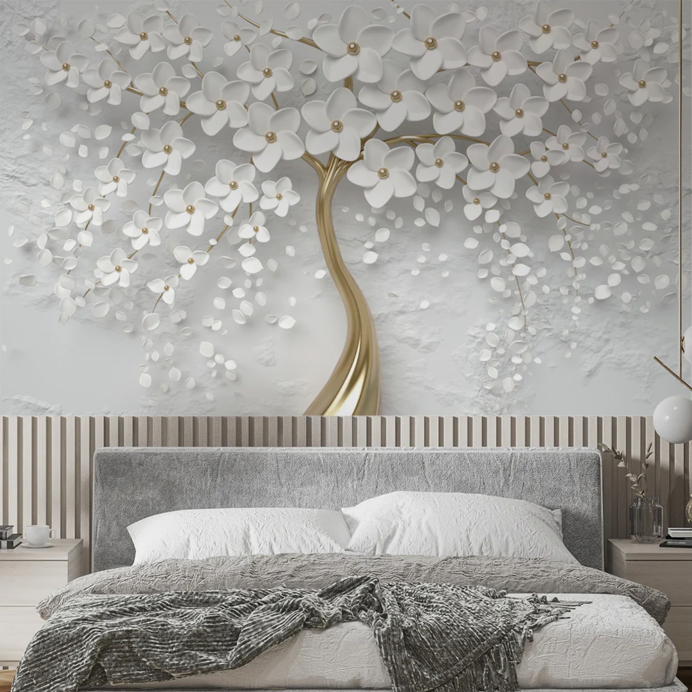 3D Golden Tree And White Flowers Wallpaper