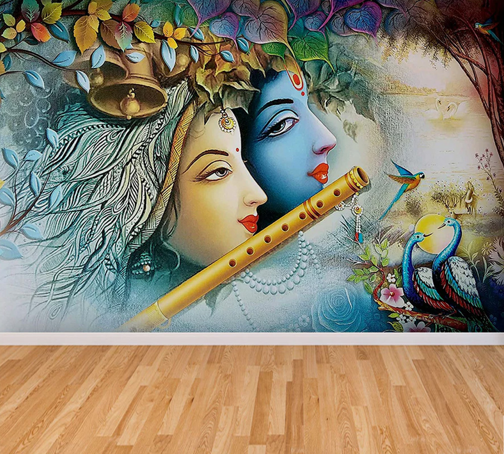Krishna Playing Flute With Radha Wallpaper