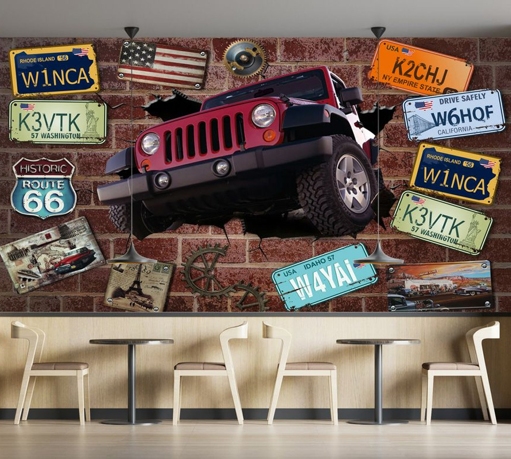Broken Wall Jeep 3D Car Mural Bar And Restaurant Cafe Wallpaper