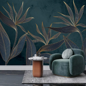 Golden Line Art Style Tropical Leaves Wallpaper