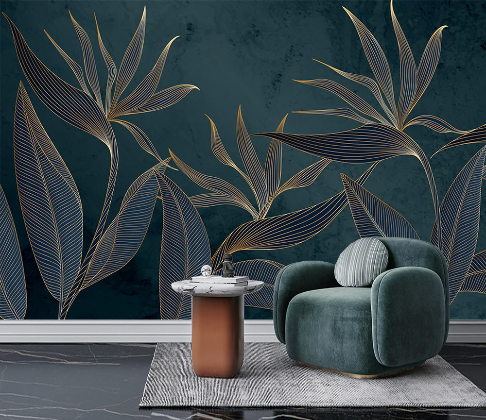 Golden Line Art Style Tropical Leaves Wallpaper
