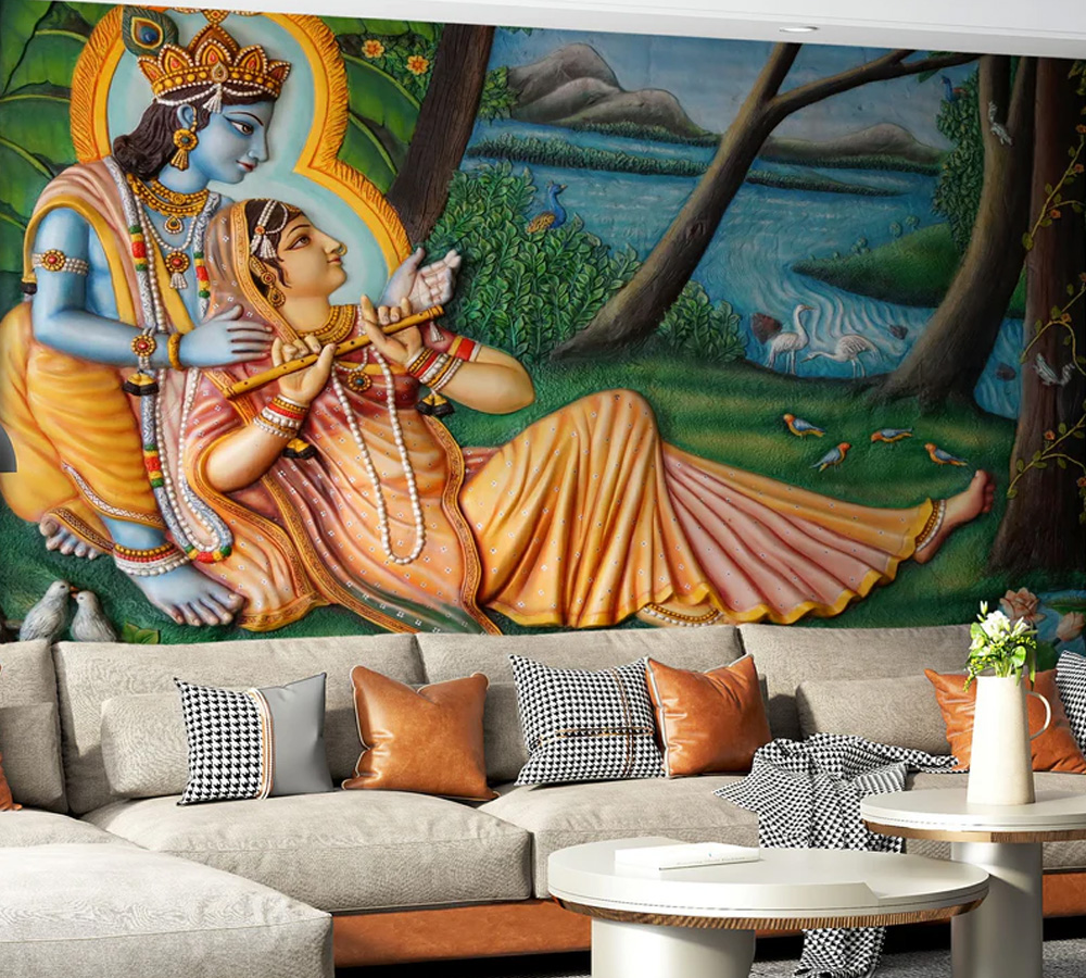 Radhakrishna Hand Draw Painting Mural Wallpaper