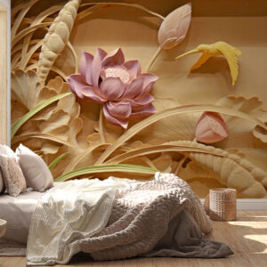 Pink Lotus 3d Mural Wallpaper | Bird Flower Wallpaper