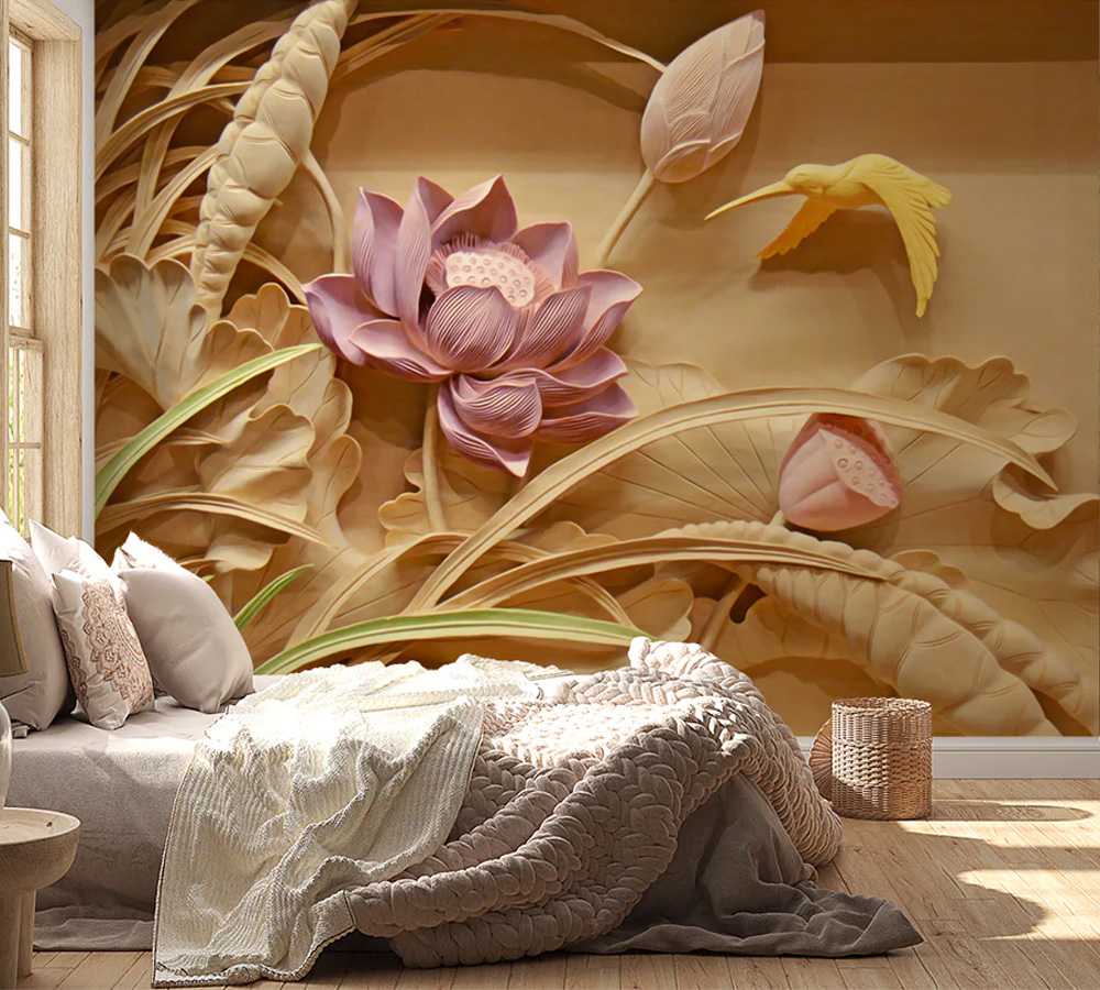 Pink Lotus 3d Mural Wallpaper | Bird Flower Wallpaper