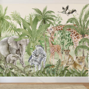 Watercolor Forest Animals Wallpaper For Wall, Jungle Safari Wallpaper, Animal Family Wallpaper