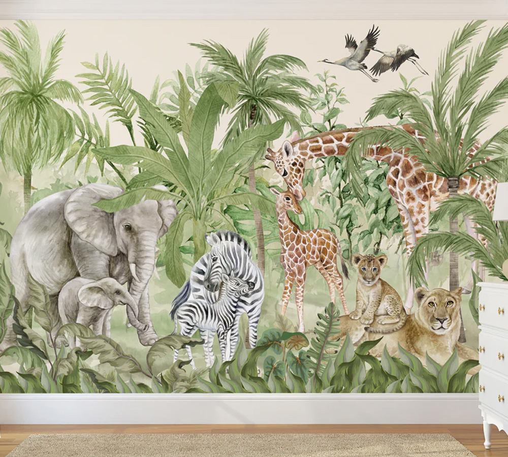 Watercolor Forest Animals Wallpaper For Wall, Jungle Safari Wallpaper, Animal Family Wallpaper