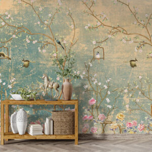 Chinoiserie Floral Wallpaper for Living Room | Vintage botanical garden wall mural