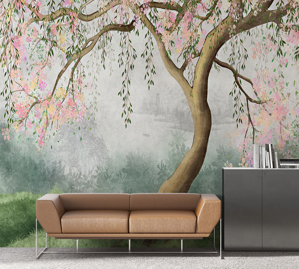 Watercolour Tree and Pink Flowers Wallpaper | Bedroom wallpaper