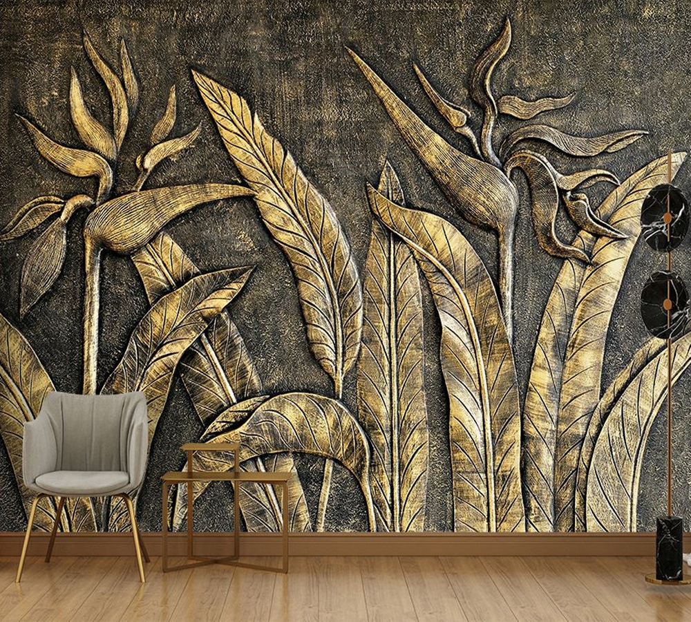 3D Gold Leaf Wallpaper, Living and Dinning Space Wall Mural