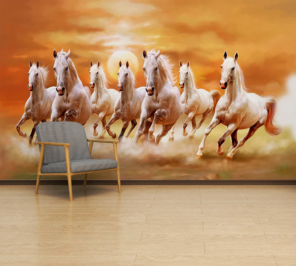 White Seven Horses Running Painting Wallpaper