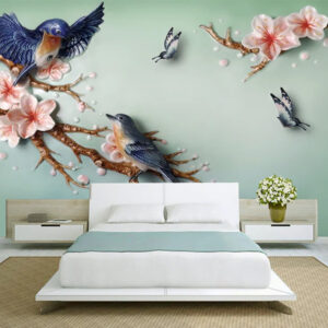 3D Blue Birds Wallpaper | birds are tweeting on the branch | Bedroom wallpaper