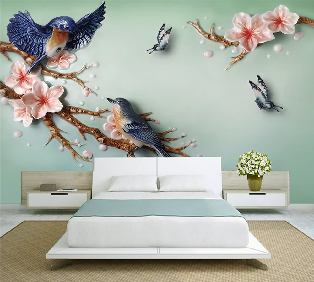 3D Blue Birds Wallpaper | birds are tweeting on the branch | Bedroom wallpaper
