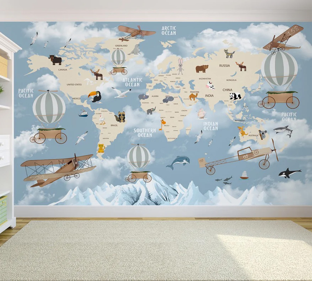 Amazing Animated Motifs of Aircraft, Fish and animals World Map wallpaper