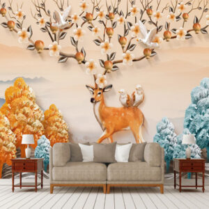 3d Deer Leaves and Flowers on Horns Mural Wallpaper