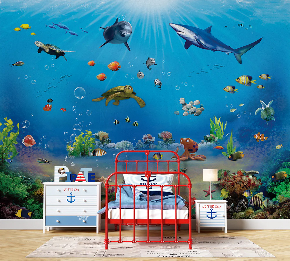 Sea Fishes Starfish Plants Ocean Life Wallpaper | Underwater Theme Kids Room Decor