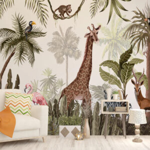 Antique Forest Drawing Wallpaper For Living Room Jungle Animals Watercolor Wallpaper