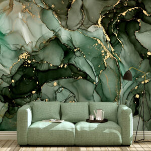 Fluid Green Gold Art Marble Texture Wallpaper