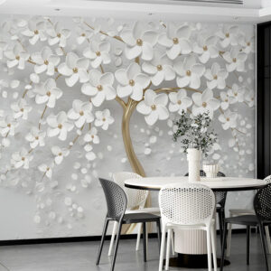 3d Golden tree and white flowers wallpaper | Living room wallpaper for walls