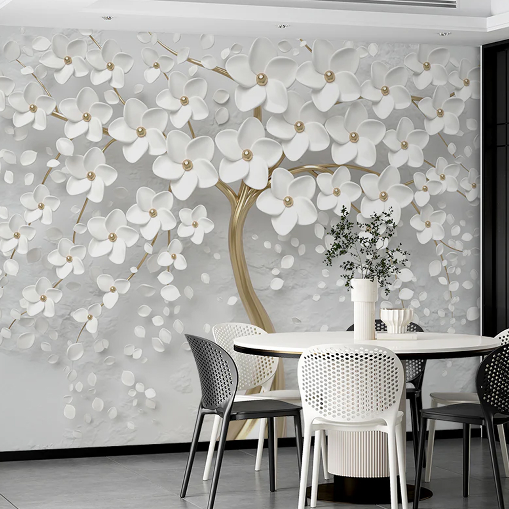 3d Golden tree and white flowers wallpaper | Living room wallpaper for walls