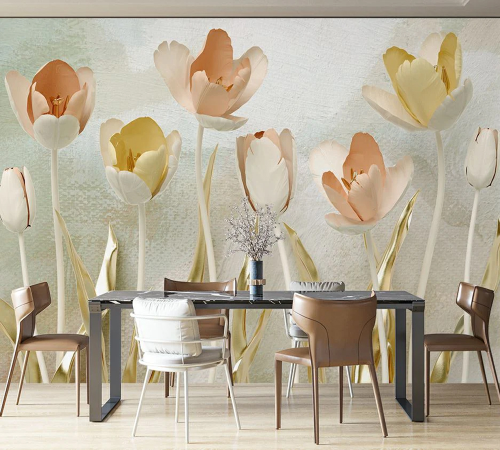 3D Golden Colourful Tulip Flowers for Living Room Walls