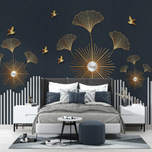 Ginkgo Leaves and Golden Birds Wallpaper
