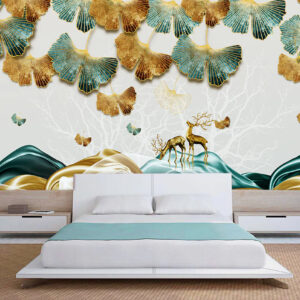 3d beautiful ginkgo leaves and deer wallpaper