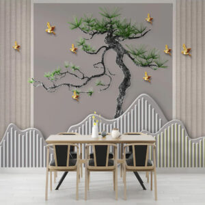 Curved Pine Tree And Golden Birds Mural Wallpaper