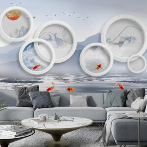 3D Circle Art And Fish Wallpaper | Living Room Wallpaper