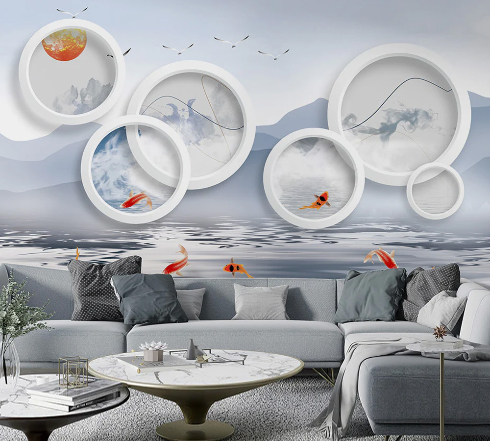 3D Circle Art And Fish Wallpaper | Living Room Wallpaper