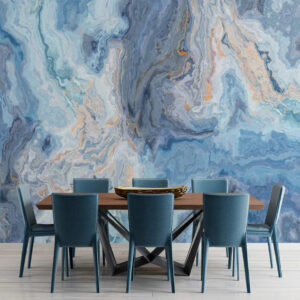 Blue Marble Pattern with Curly Grey and Golden Look Veins Abstract Wallpaper