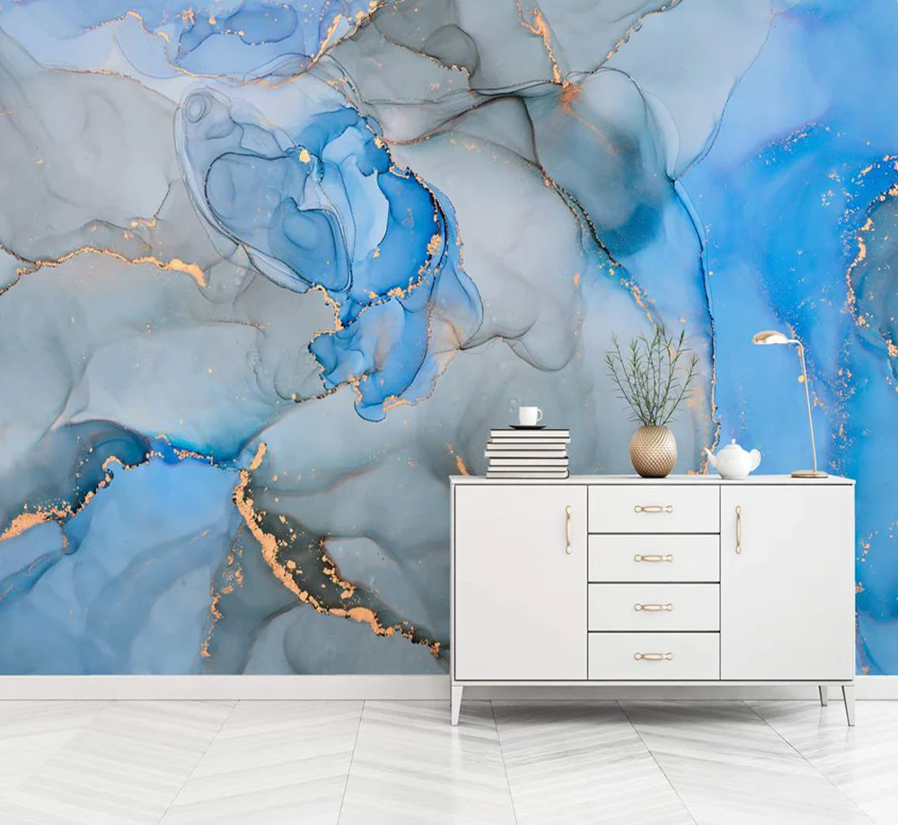Blue and Grey Gold Marble Abstract Wallpaper